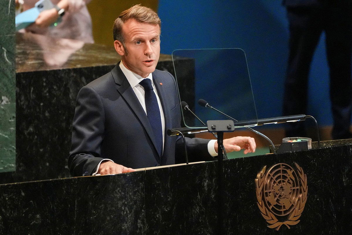<i>Eduardo Munoz/Reuters via CNN Newsource</i><br/>French President Emmanuel Macron addresses delegates during a UN General Assembly summit meeting on a two-state solution between Israel and the Palestinians on September 22.