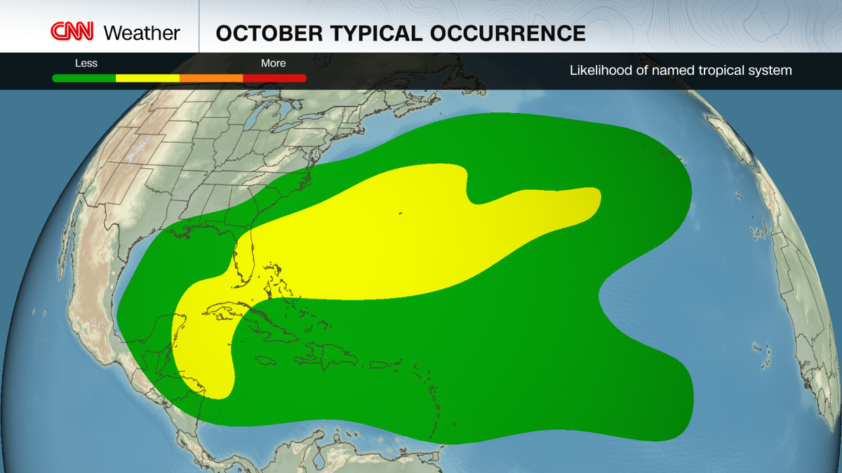The favored areas of tropical storm formation in October are the Gulf