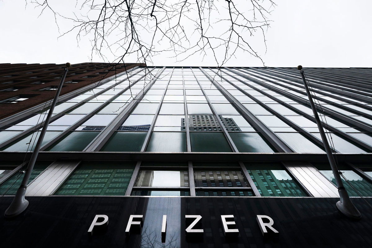 <i>Mark Lennihan/AP/File via CNN Newsource</i><br/>The Pfizer name is displayed at the company's headquarters in New York on February 5