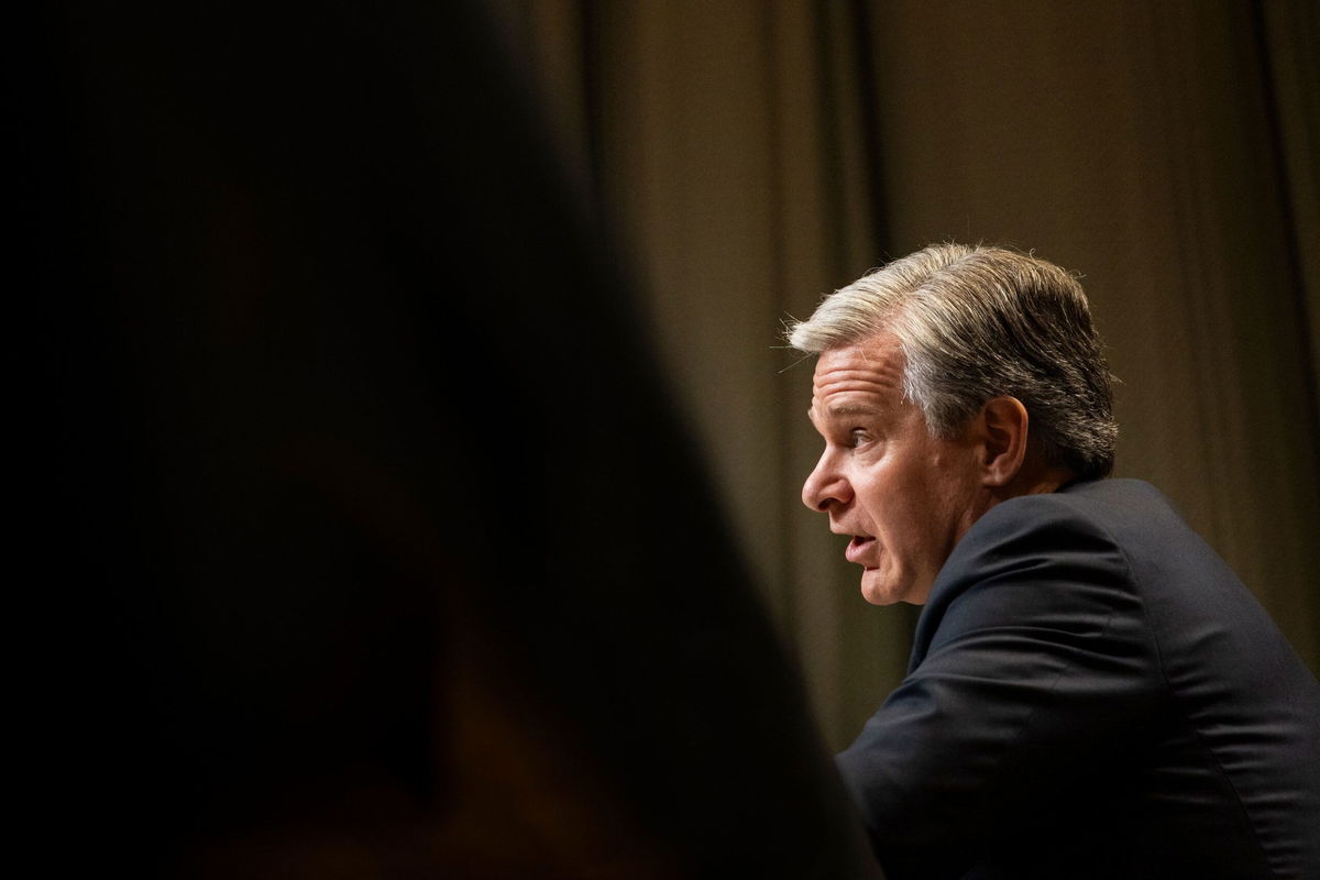 <i>Samuel Corum/Getty Images via CNN Newsource</i><br/>FBI Director Christopher Wray testifies during a Senate Appropriations Subcommittee hearing on the FBI's proposed budget for the 2025 fiscal year on June 4