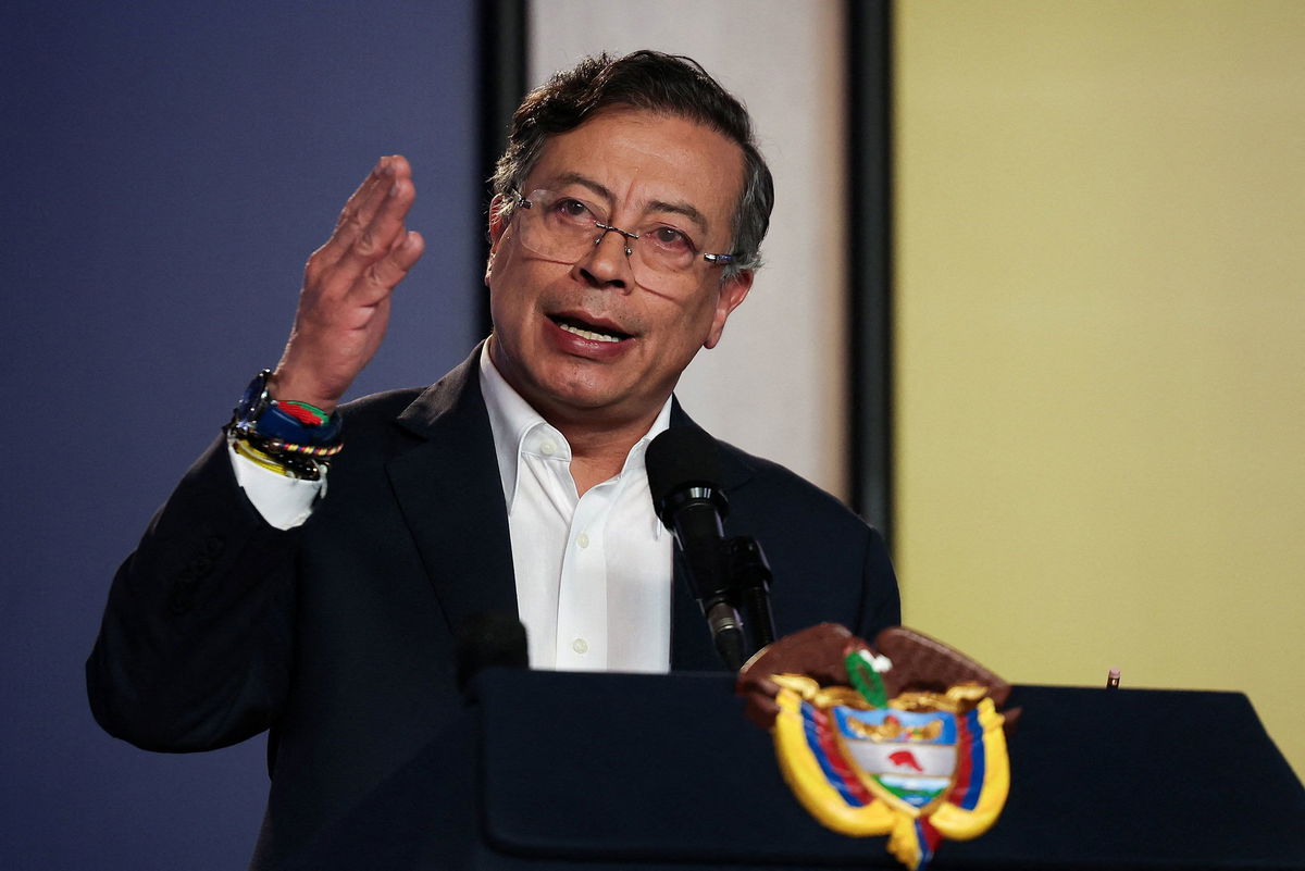 <i>Luisa Gonzalez/Reuters via CNN Newsource</i><br/>Colombian President Gustavo Petro speaks during a press conference at Casa de Narino in Bogota