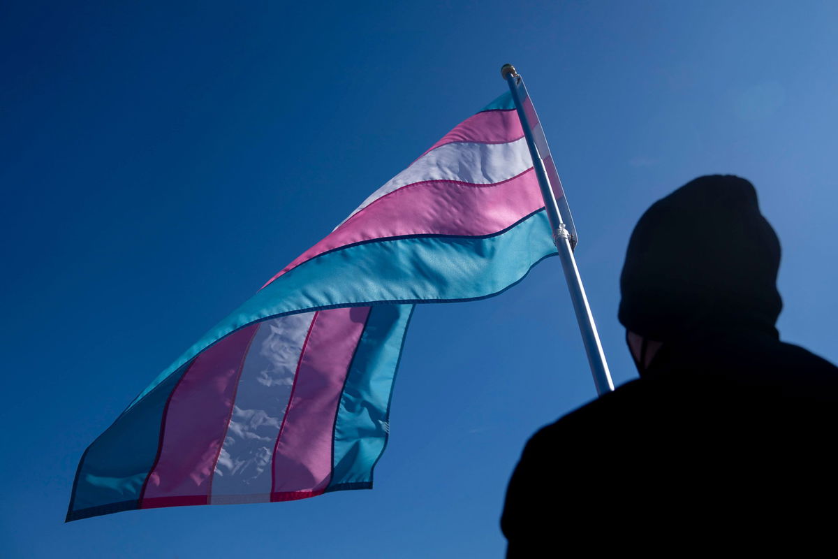 A protester holds a sign in support of gender-affirming care for transgender youth outside of the US Supreme Court Building on June 18 in Washington