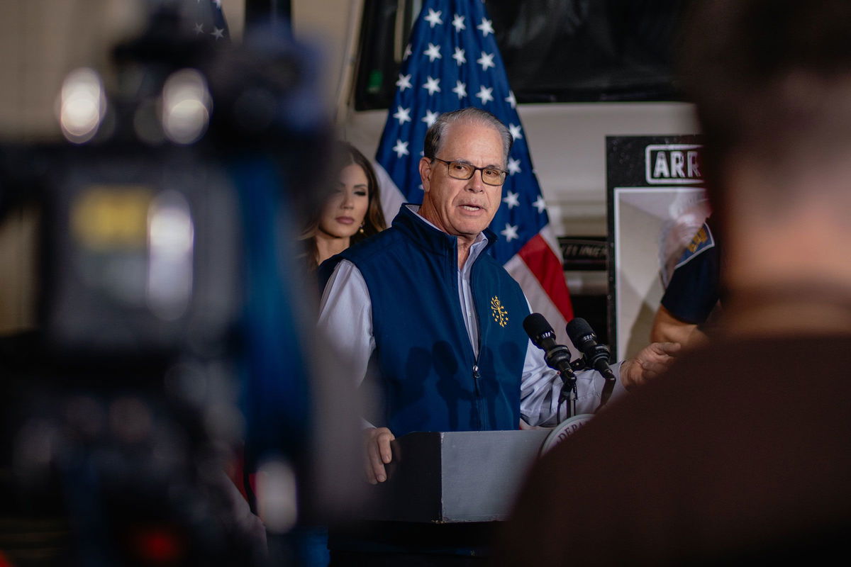 Indiana Gov. Mike Braun speaks during a press conference in Gary