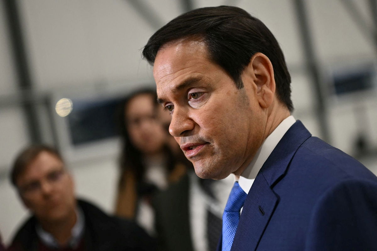 Secretary of State Marco Rubio speaks to journalists in Ontario