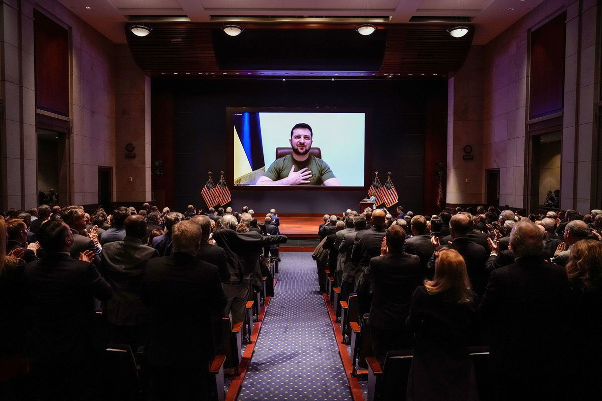 Ukrainian President Volodymyr Zelensky delivers a virtual address to the USCongress